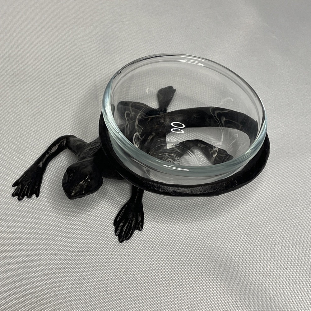 Pottery‎ Barn Whimsical Black Metal And Glass Lizard Snack/Condiment Bowl NIB